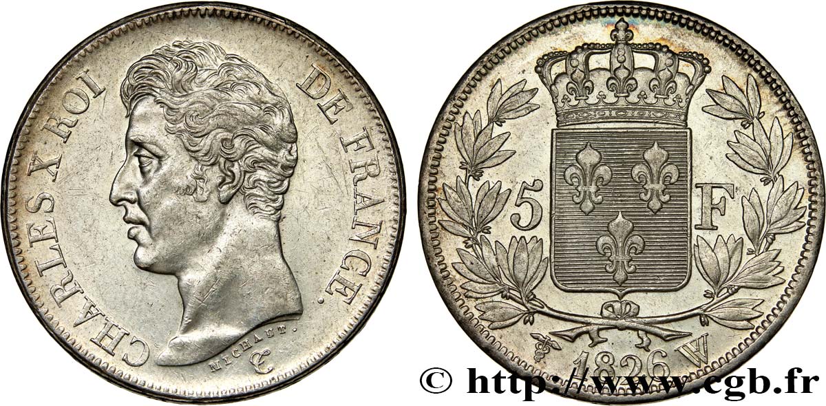 5 francs Charles X, 1er type 1826 Lille F.310/27 AU55 
