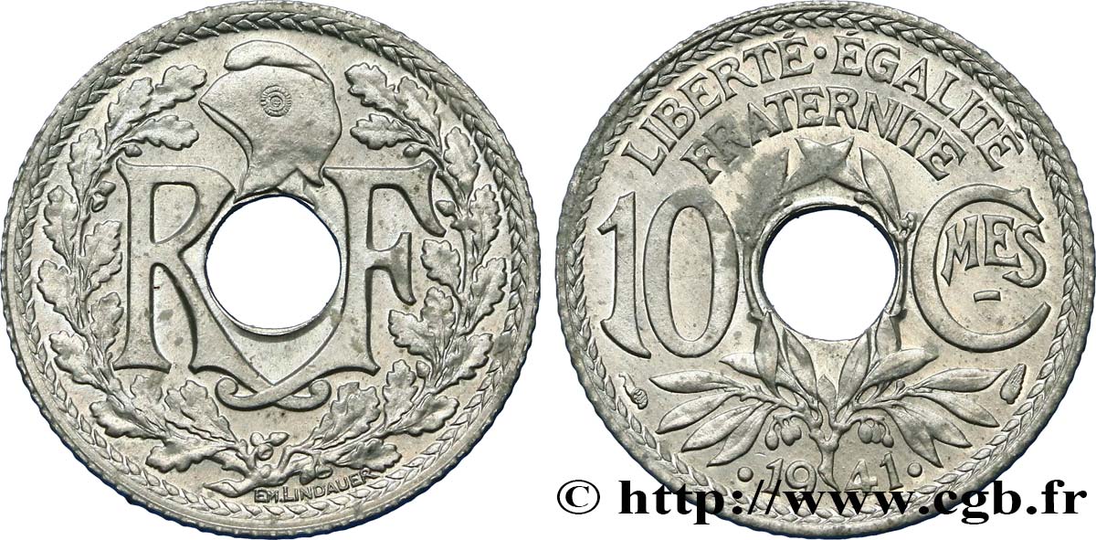 10 centimes Lindauer en zinc, Cmes souligné et millésime avec points 1941 Paris F.140/2 fST64 