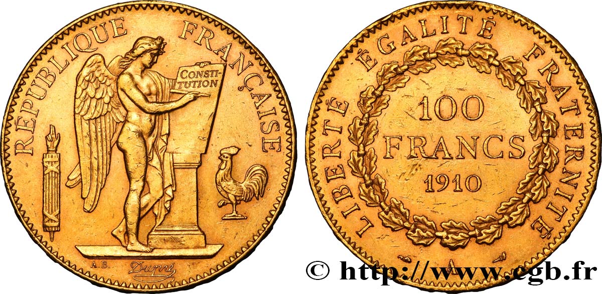 100 francs or Génie, tranche inscrite en relief Liberté Égalité Fraternité 1910 Paris F.553/4 TTB54 
