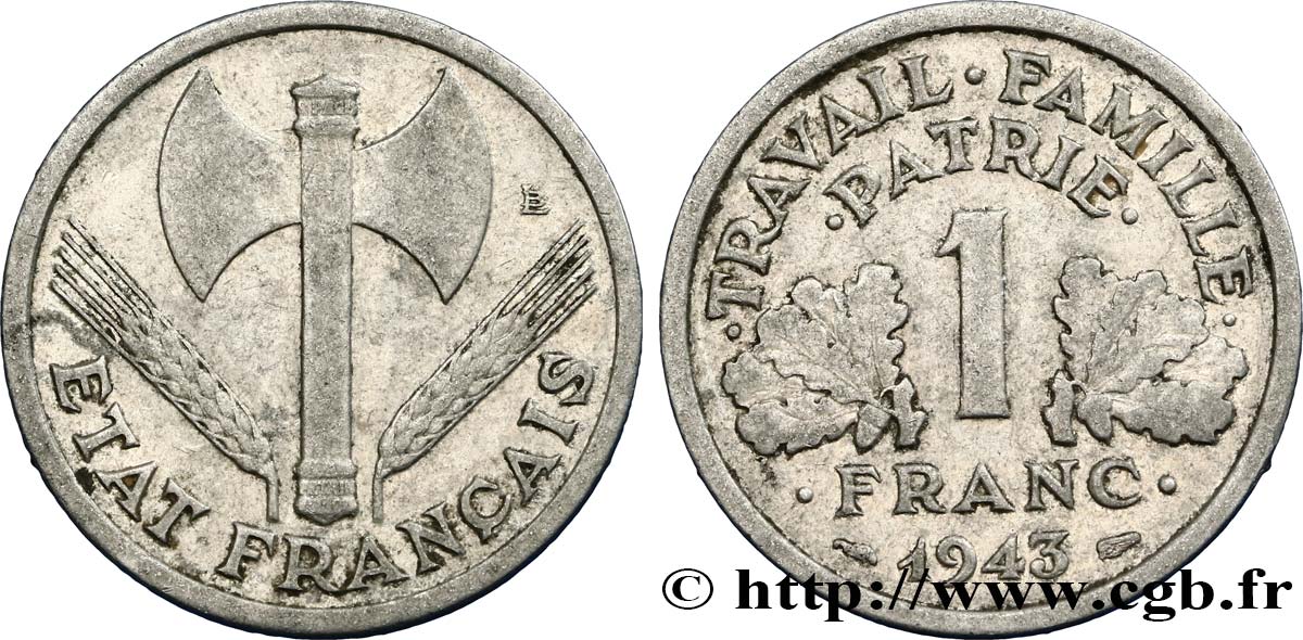 1 franc Francisque, légère, frappe médaille 1943 Paris F.223/3 var. VF25 