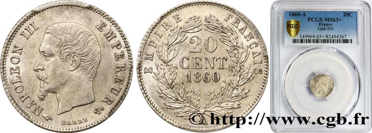 20 centimes Napoléon III, tête nue 1860 Paris F.148/14 SPL63 PCGS