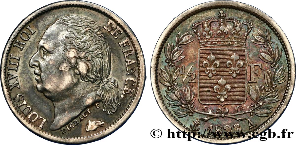 1/2 franc Louis XVIII 1823 Paris F.179/34 AU52 