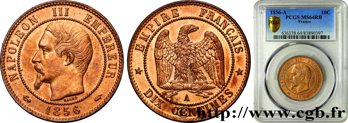 Dix centimes Napoléon III, tête nue 1856 Paris F.133/34 MS64 PCGS