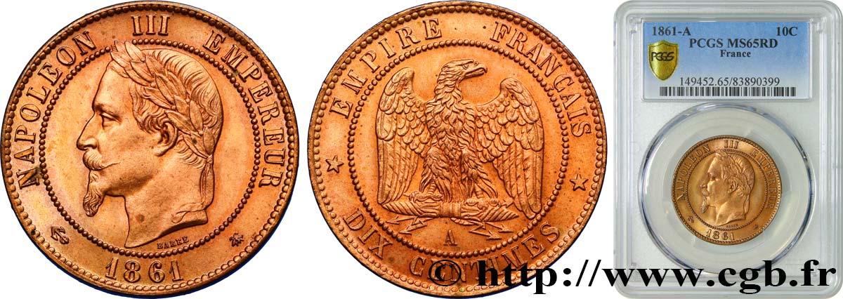 Dix centimes Napoléon III, tête laurée 1861 Paris F.134/4 FDC65 PCGS