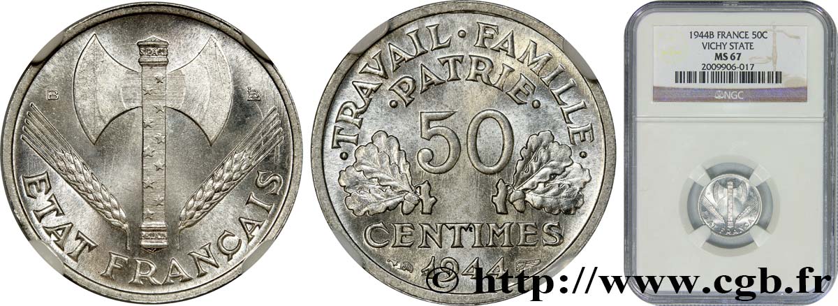 50 centimes Francisque, légère 1944 Beaumont-Le-Roger F.196/5 FDC67 NGC