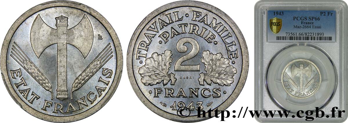 Essai de 2 francs Francisque 1943 Paris F.270/1 ST66 PCGS