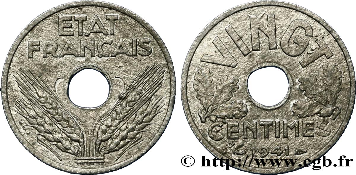 VINGT centimes État français, cannelures larges 1941  F.152/3 EBC60 