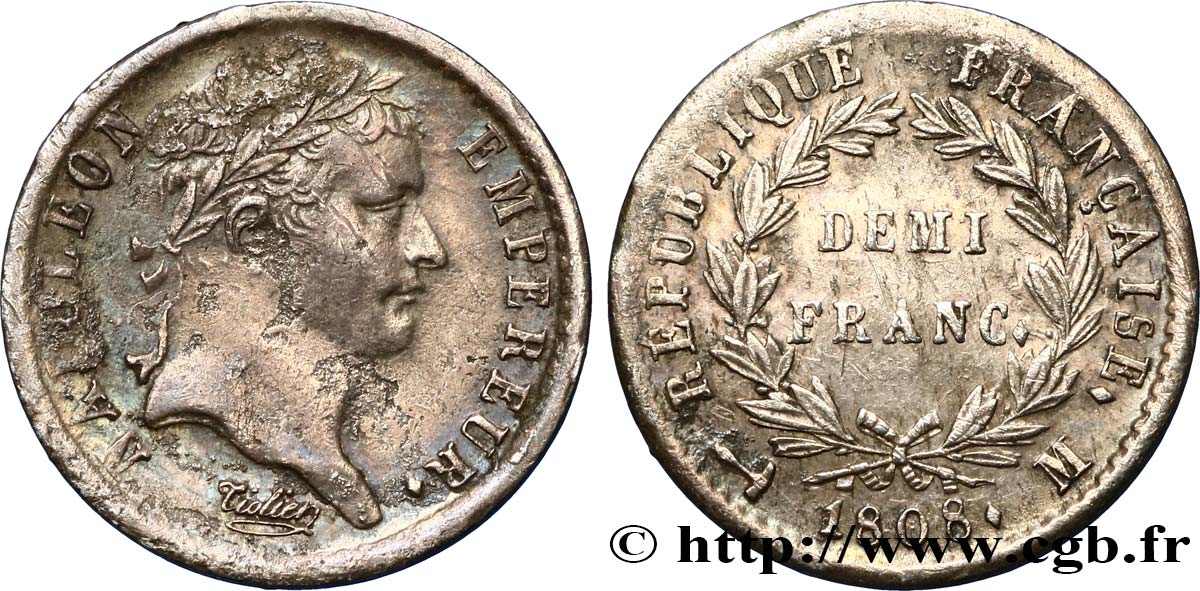 Demi-franc Napoléon Ier tête laurée, République française 1808 Toulouse F.177/11 AU50 