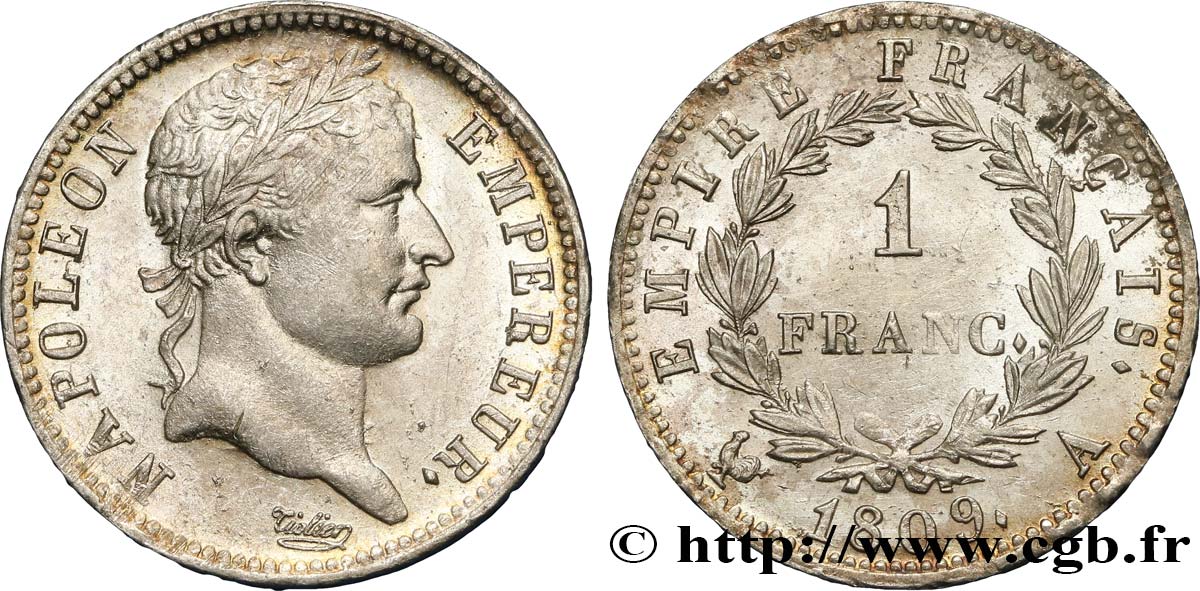 1 franc Napoléon Ier tête laurée, Empire français 1809 Paris F.205/1 AU58 