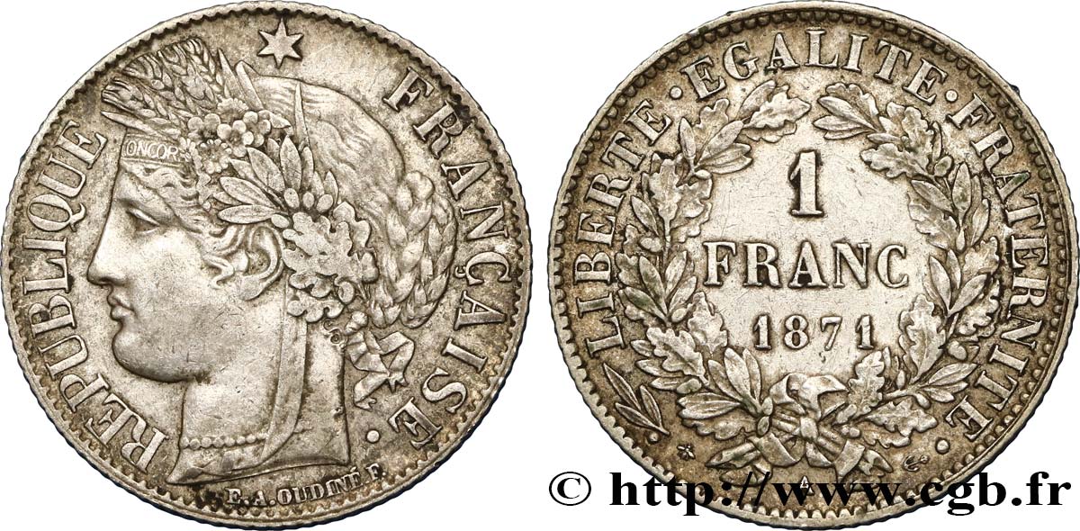 1 franc Cérès, Troisième République, petit A 1871 Paris F.216/2 XF48 