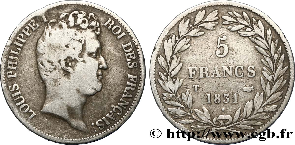 5 francs type Tiolier avec le I, tranche en creux 1831 Nantes F.315/26 BC20 