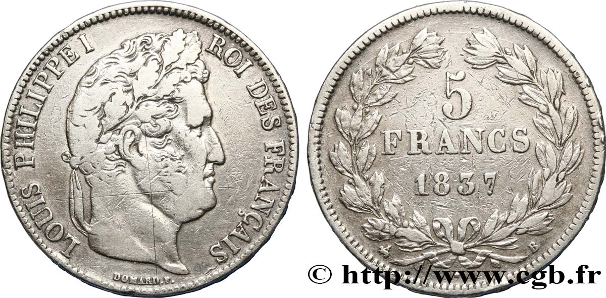 5 francs IIe type Domard 1837 Rouen F.324/62 VF 