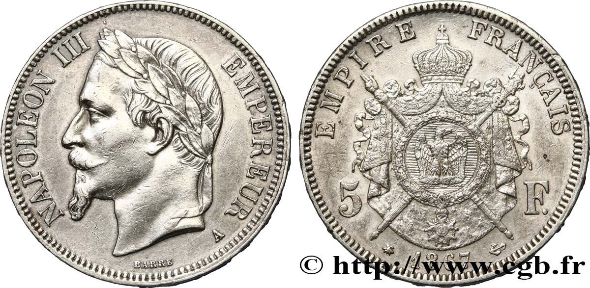 5 francs Napoléon III, tête laurée 1867 Paris F.331/10 q.SPL 