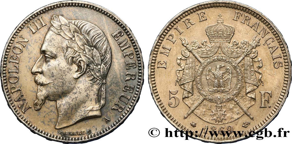 5 francs Napoléon III, tête laurée 1869 Paris F.331/14 AU55 