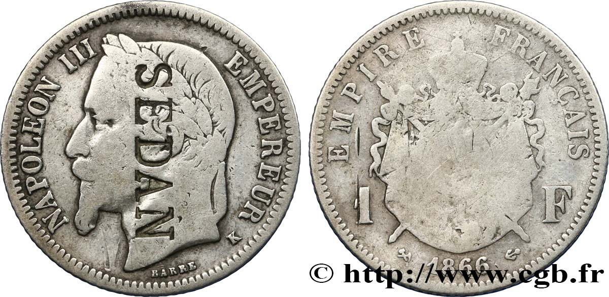 1 franc Napoléon III, tête laurée, contremarqué SEDAN 1866 Bordeaux F.215/5 var. VG10 