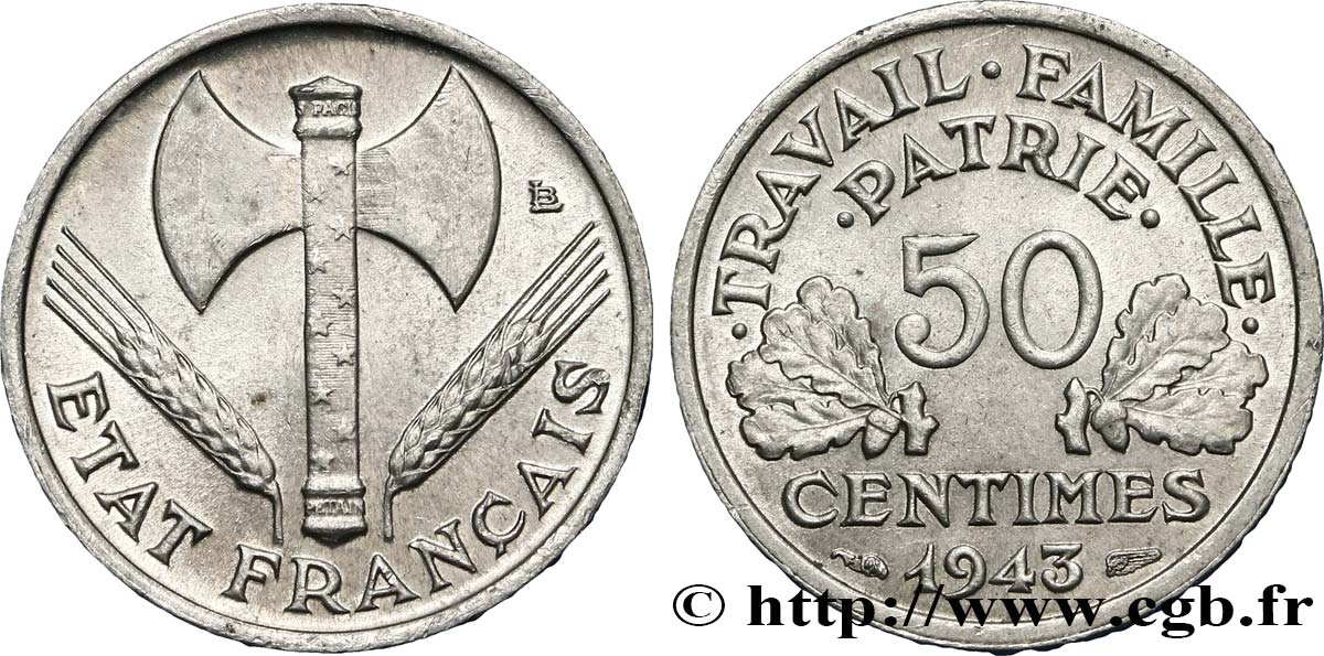 50 centimes Francisque, légère 1943 F.196/2 SUP60