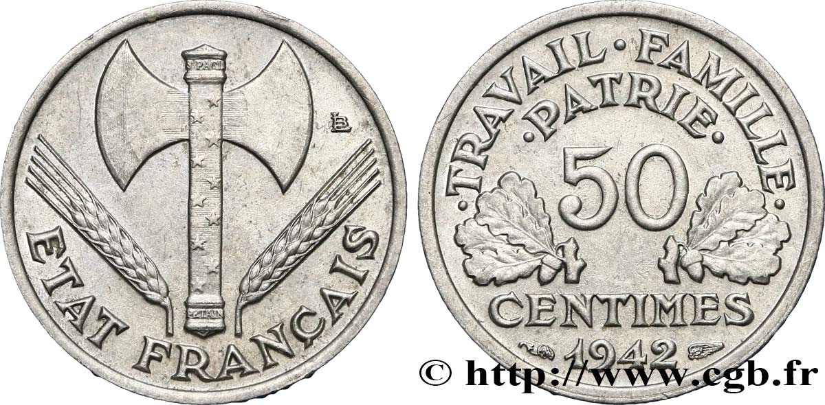 50 centimes Francisque, lourde 1942  F.195/3 AU58 