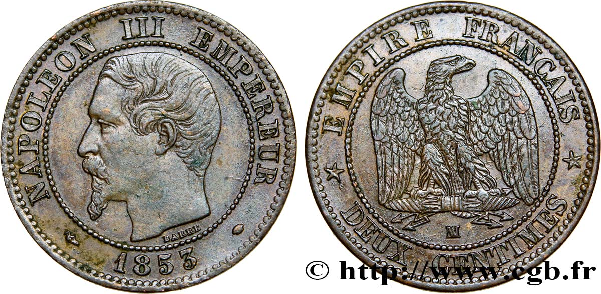 Deux centimes Napoléon III, tête nue 1853 Marseille F.107/7 VZ55 