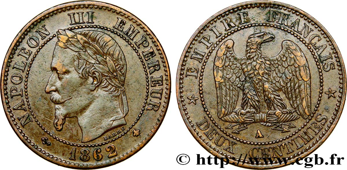 Deux centimes Napoléon III, tête laurée 1861 Paris F.108A/1 AU50 