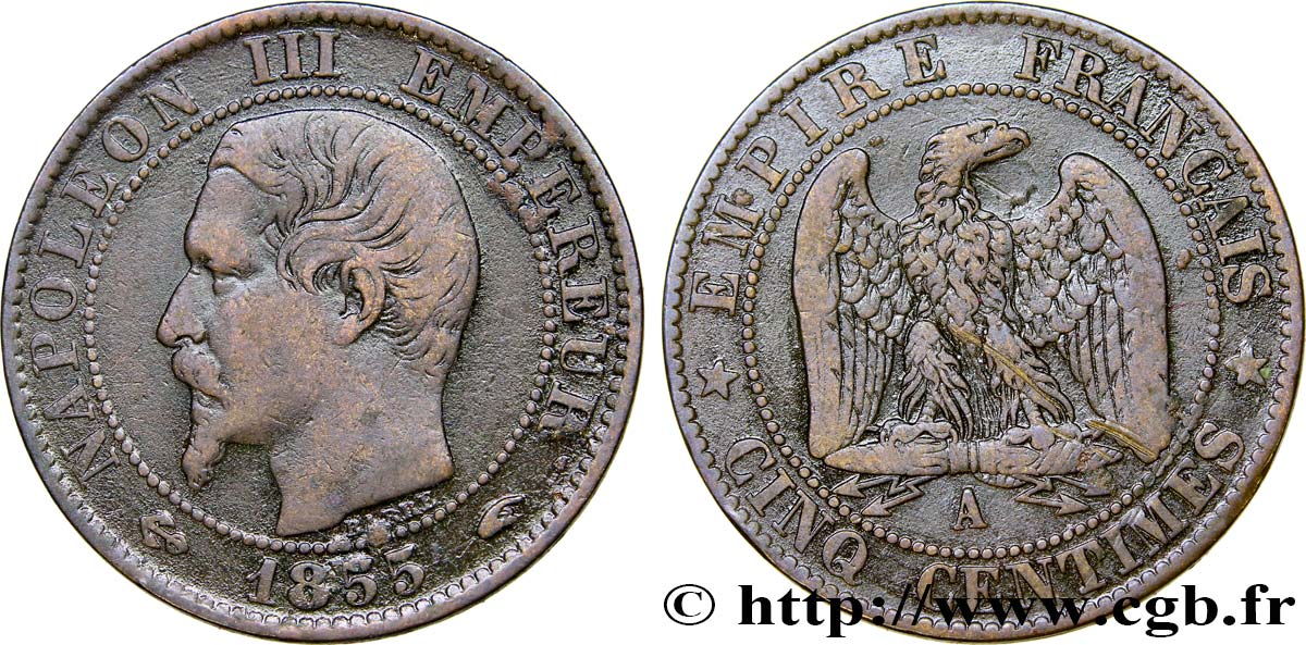 Cinq centimes Napoléon III, tête nue 1855 Paris F.116/17 VF30 