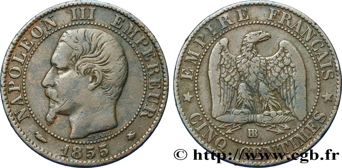 Cinq centimes Napoléon III, tête nue 1855 Strasbourg F.116/20 TB35