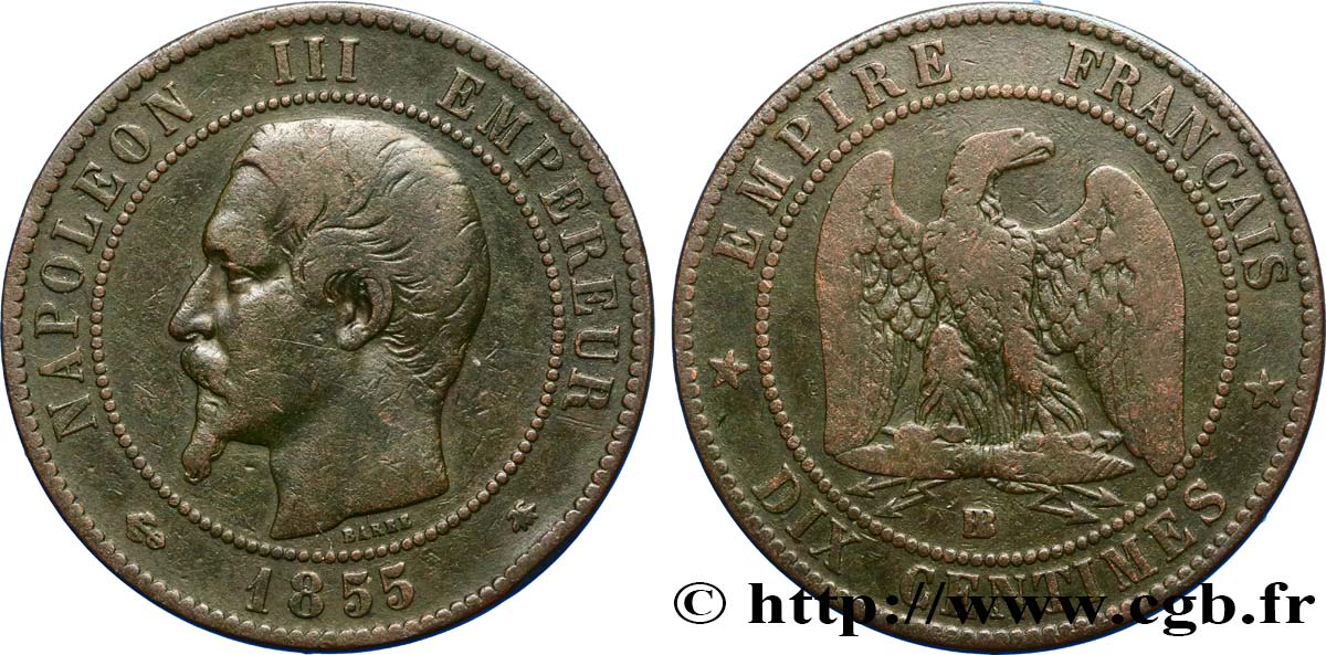 Dix centimes Napoléon III, tête nue, différent ancre 1855 Strasbourg F.133/24 S25 