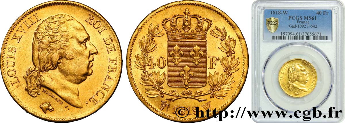 40 francs or Louis XVIII 1818 Lille F.542/8 MS61 PCGS