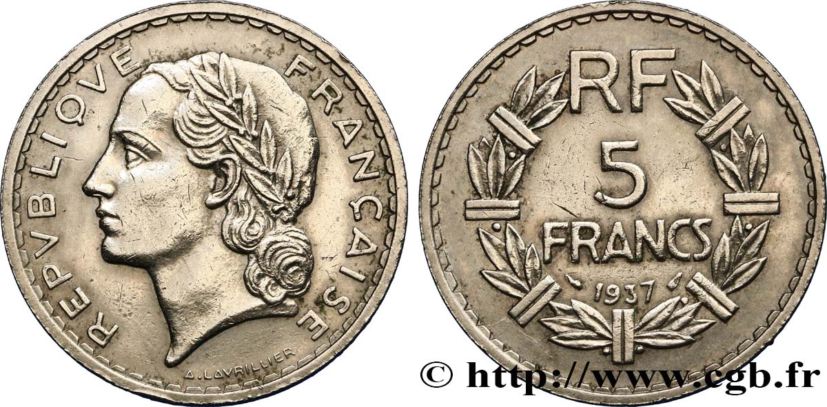 5 francs Lavrillier, nickel 1937  F.336/6 TTB45 