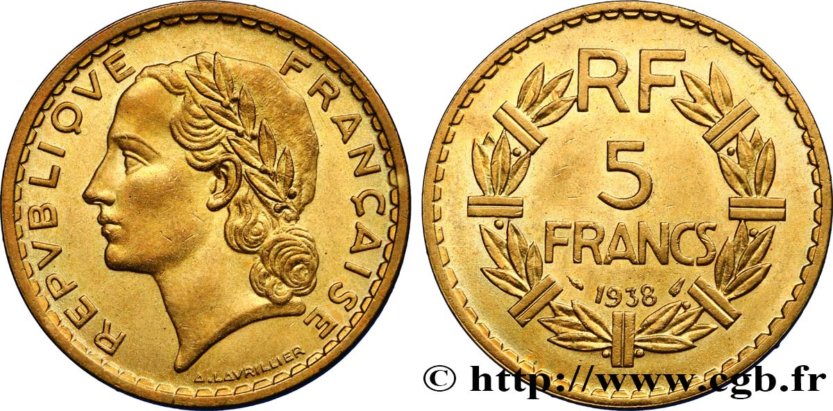 5 francs Lavrillier, bronze-aluminium 1938 F.337/1 TTB48