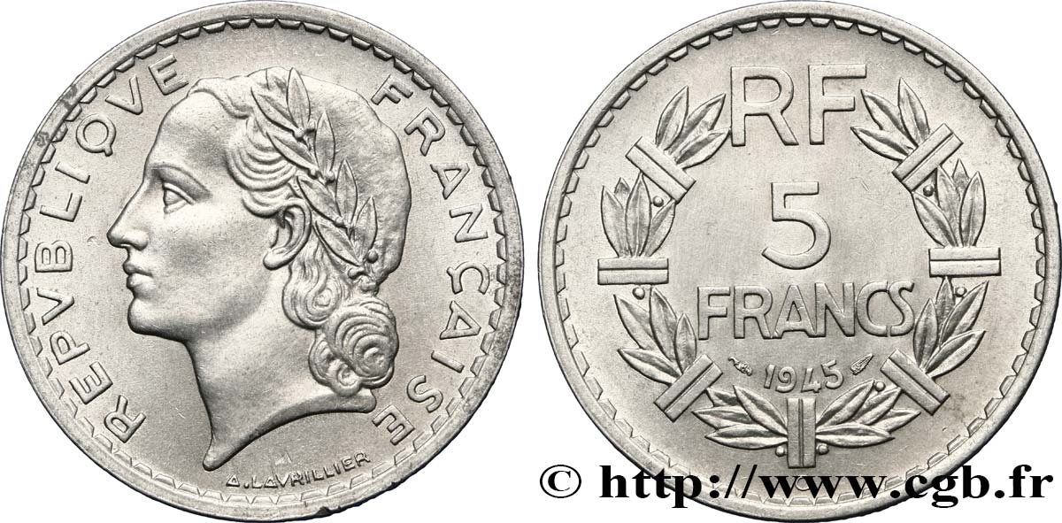 5 francs Lavrillier, aluminium 1945 Castelsarrasin F.339/5 AU52 