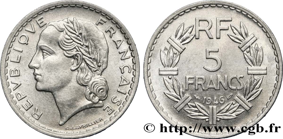5 francs Lavrillier, aluminium 1946 Beaumont-Le-Roger F.339/7 SUP58