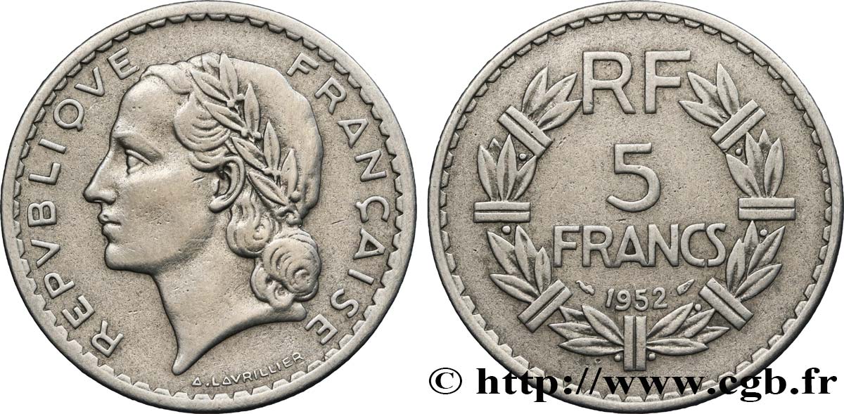 5 francs Lavrillier, aluminium 1952  F.339/22 VF25 