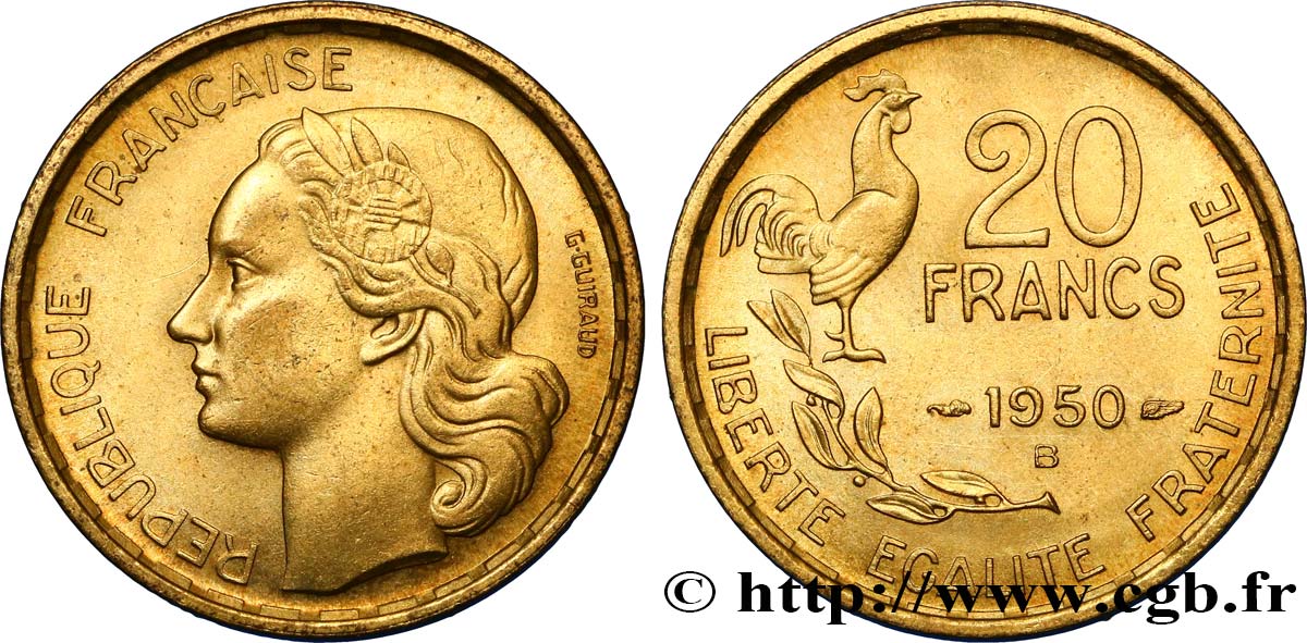 20 francs G. Guiraud, 4  faucilles 1950 Beaumont-Le-Roger F.402/4 MS62 