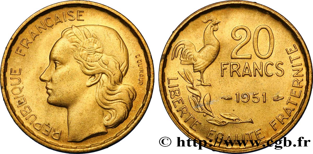 20 francs G. Guiraud 1951  F.402/7 MS60 