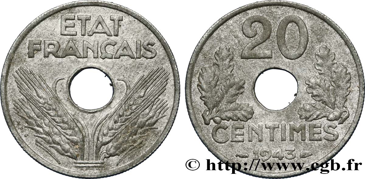 20 centimes État français, lourde 1943  F.153/5 AU50 