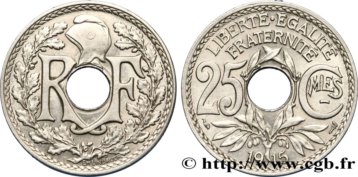 25 centimes Lindauer, Cmes souligné 1915  F.170/3 AU58 