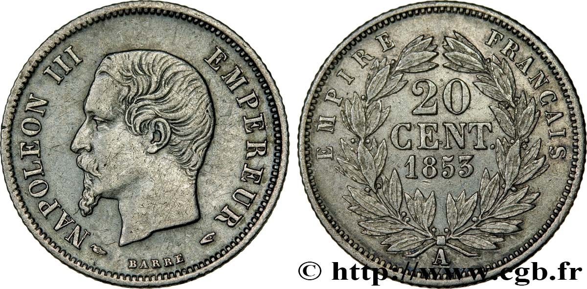 20 centimes Napoléon III, tête nue 1853 Paris F.148/1 TTB50 
