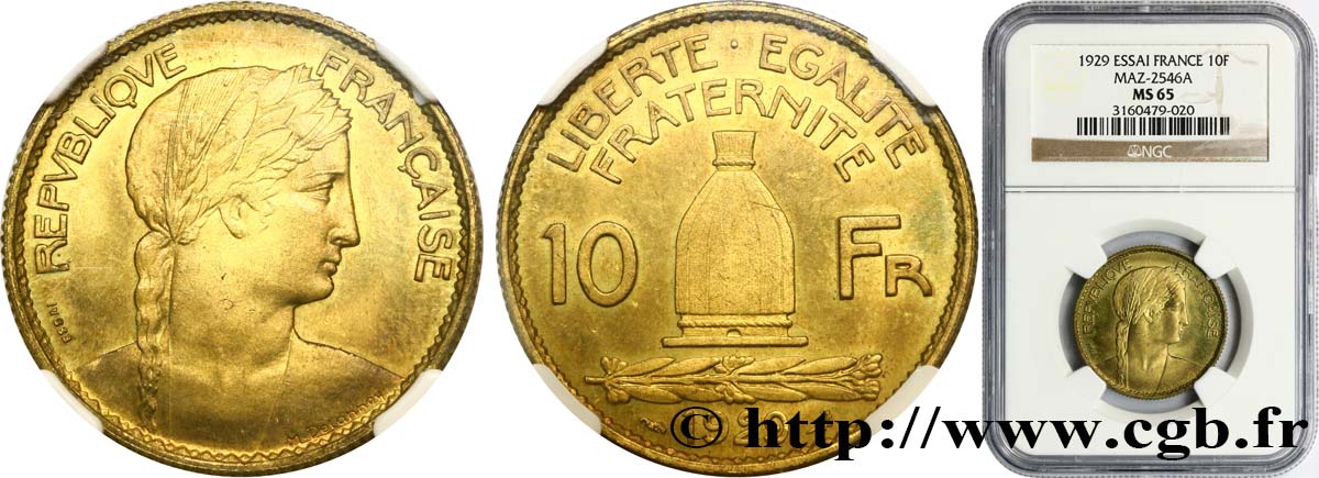 Concours de 10 francs, essai de Delannoy en bronze-aluminium 1929 Paris GEM.163 3 MS65 NGC