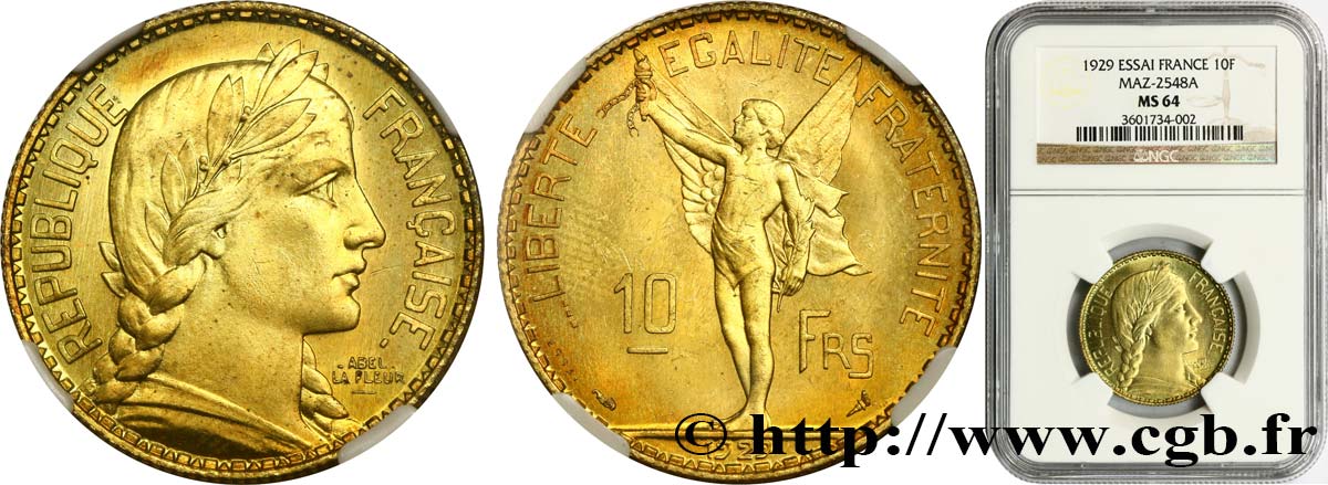 Concours de 10 francs, essai de La Fleur en bronze-aluminium 1929 Paris GEM.165 3 MS64 NGC