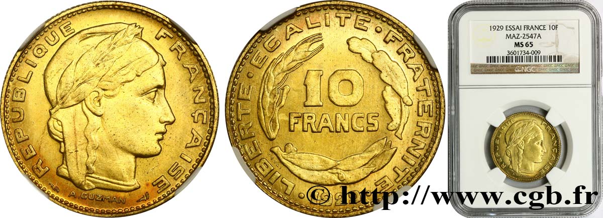 Concours de 10 francs, essai de Guzman en bronze-aluminium 1929 Paris GEM.164 3 MS65 NGC