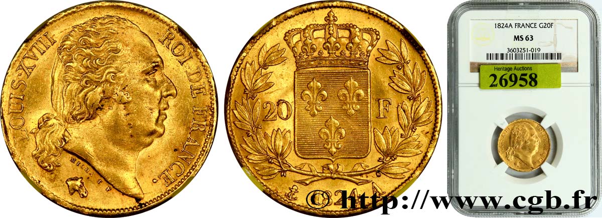 20 francs or Louis XVIII, tête nue 1824 Paris F.519/31 MS63 NGC