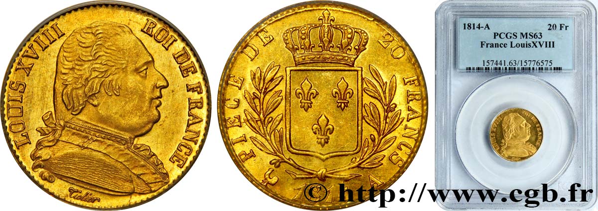 20 francs or Louis XVIII, buste habillé 1814 Paris F.517/1 SC63 PCGS