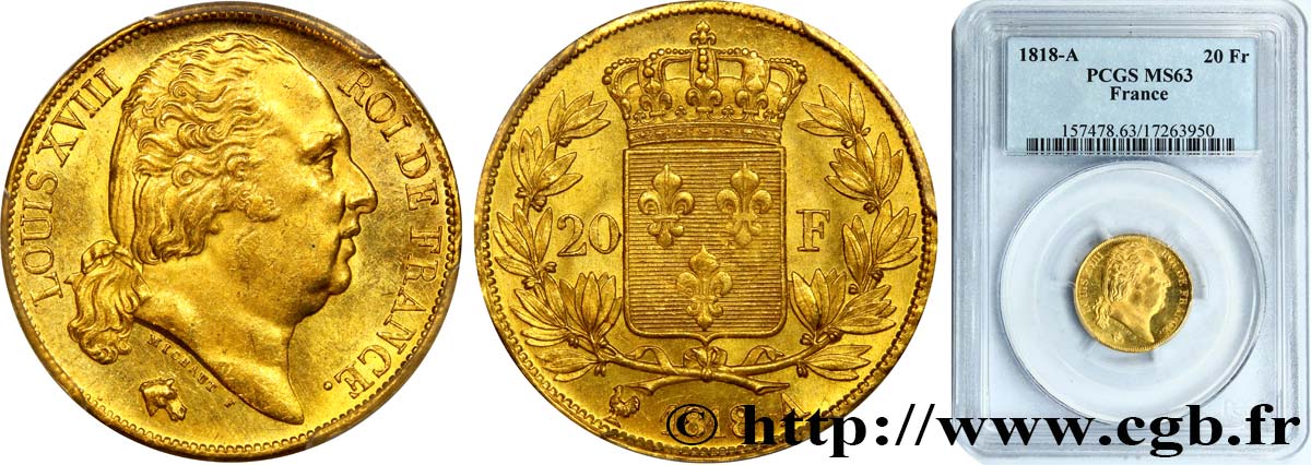 20 francs or Louis XVIII, tête nue 1818 Paris F.519/10 fST63 PCGS