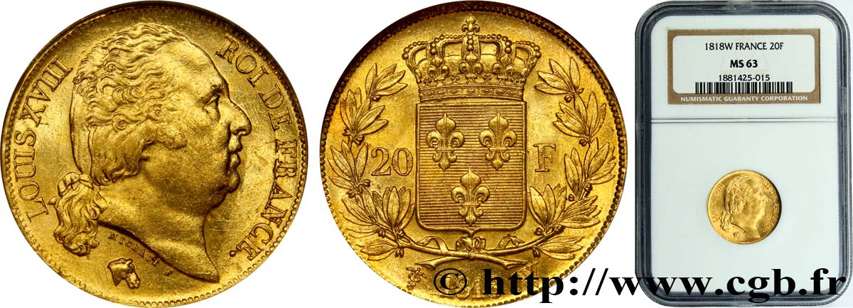 20 francs or Louis XVIII, tête nue 1818 Lille F.519/14 MS63 NGC