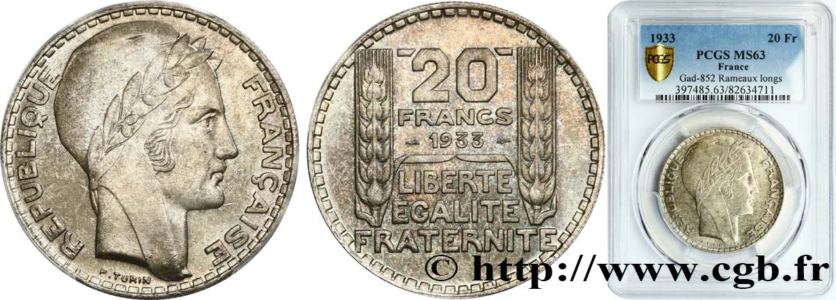 20 francs Turin, rameaux longs 1933  F.400/5 SC63 PCGS