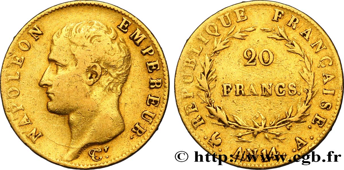 20 francs or Napoléon tête nue, Calendrier révolutionnaire 1805 Paris F.512/5 TB35 
