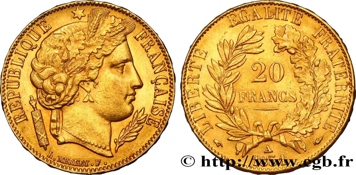 20 francs or Cérès 1851 Paris F.529/4 MS60 