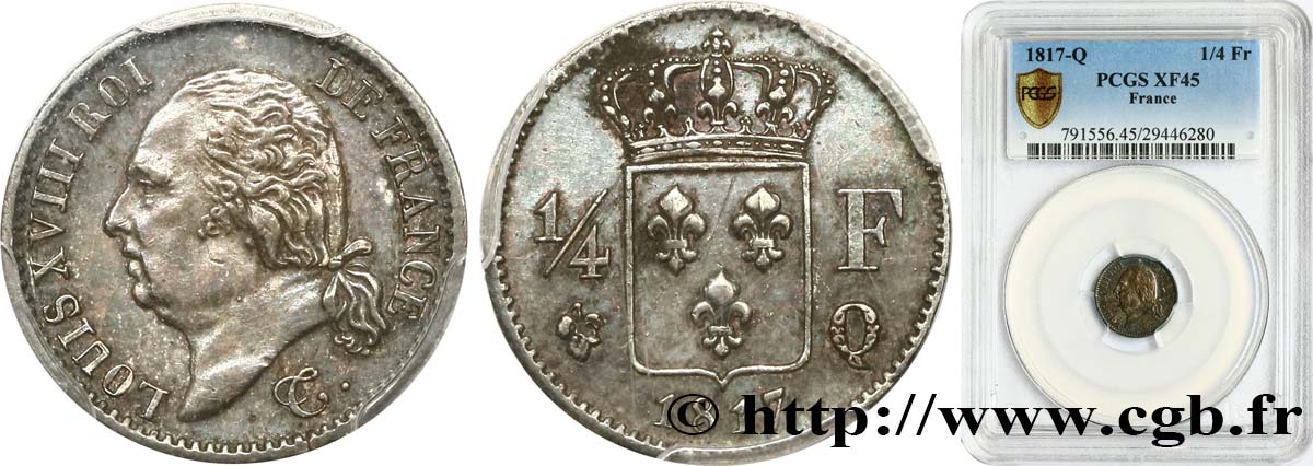 1/4 franc Louis XVIII 1817 Perpignan F.163/9 XF45 PCGS