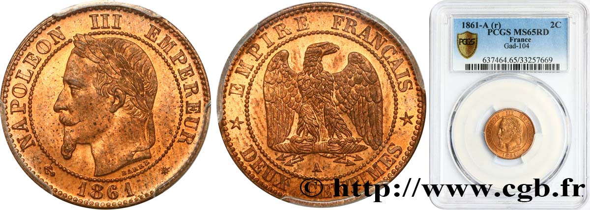 Deux centimes Napoléon III, tête laurée 1861 Paris F.108A/1 ST65 PCGS