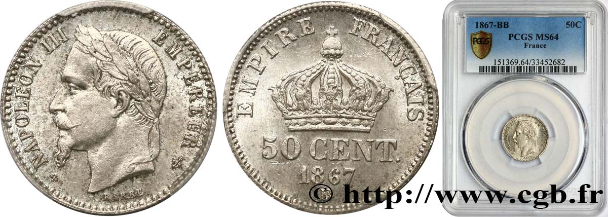50 centimes Napoléon III, tête laurée 1867 Strasbourg F.188/16 MS64 PCGS